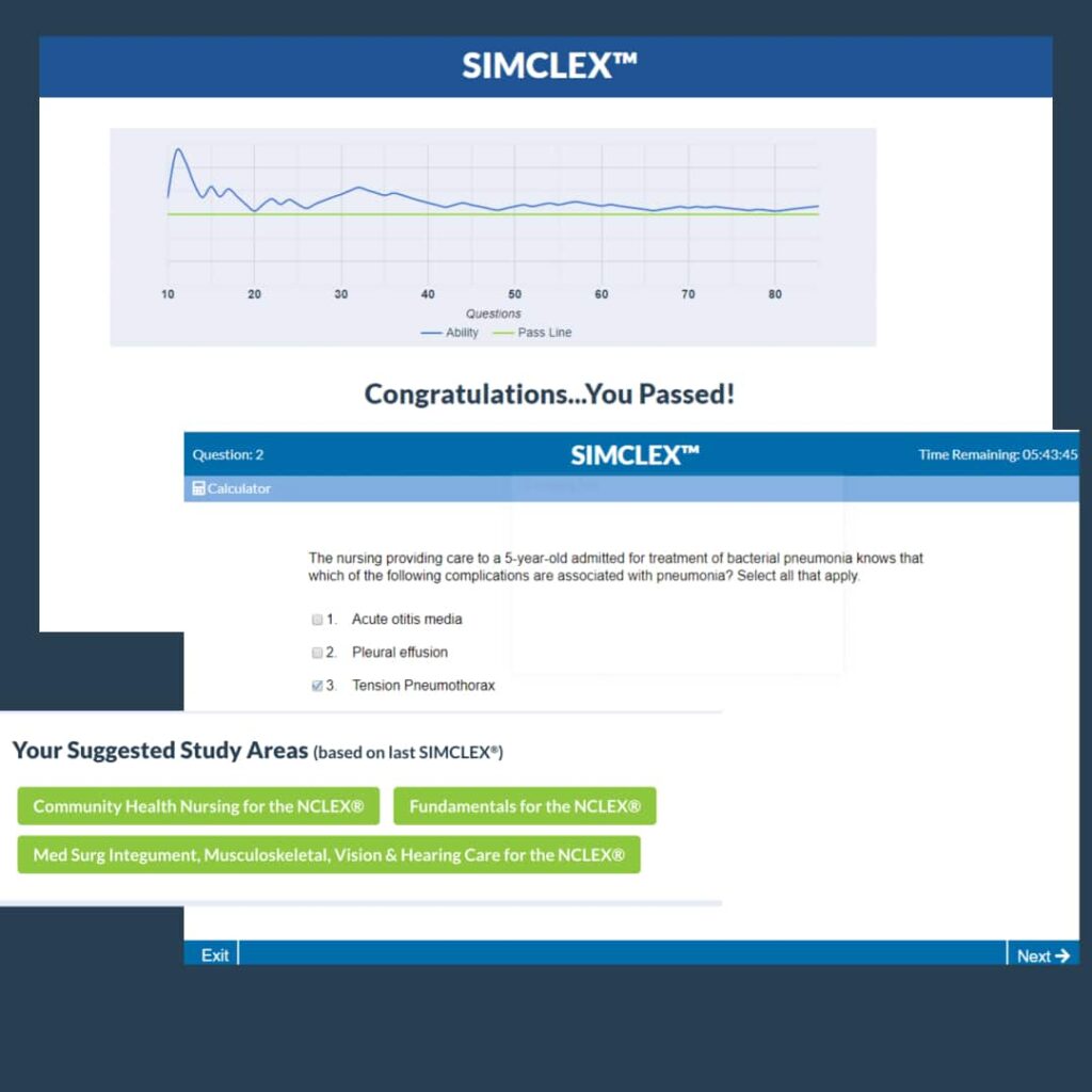 NURSING.com vs. Klimek Reviews – SIMCLEX, the only patented Computer Adaptive Test (CAT), provides the best NCLEX prep with Next Gen NCLEX (NGN) questions and detailed video rationales. A top alternative to Klimek Reviews, NURSING.com offers realistic NCLEX practice to help nursing students build confidence and pass the NCLEX successfully. Compare NURSING.com vs. Klimek Reviews to find the best NCLEX prep solution.